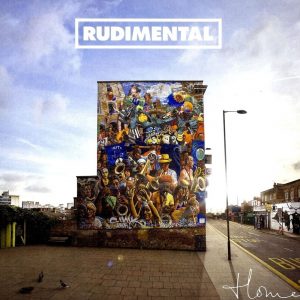 Rudimental Home album cover featuring a large colourful mural of musicians and dancers on a city street, beneath a blue sky with the Rudimental logo above